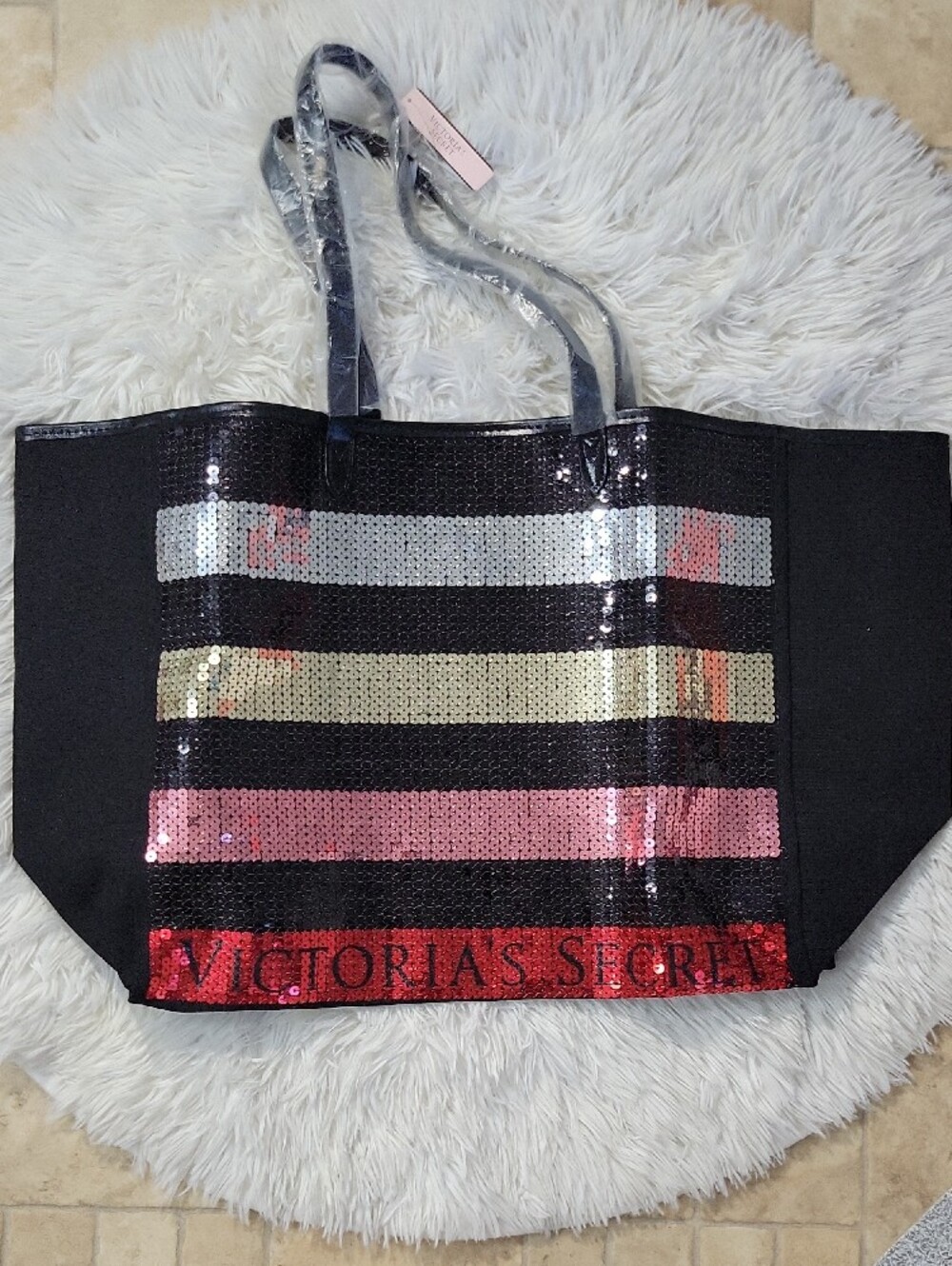 Victoria's Secret Black Sequin Stripe Tote - Pink & Gold Accent